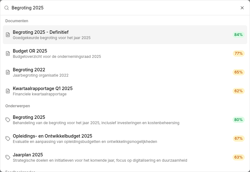 Semantische zoekresultaten voor documenten en onderwerpen in Ordamo